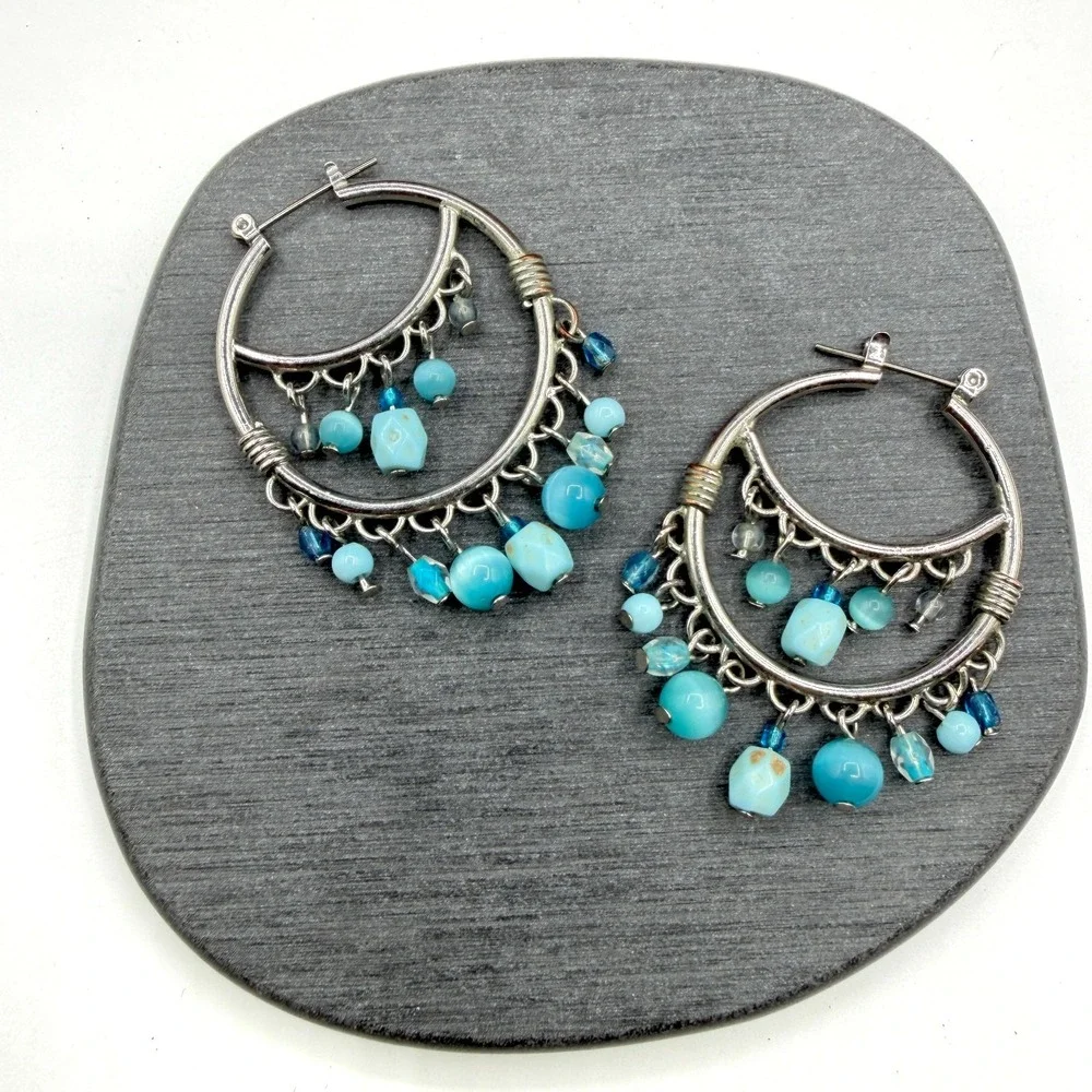Silver Tone Turquoise Blue Beaded Chandelier Hoop Earrings Boho Statement Gift